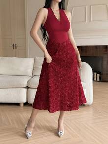 Feyla Vestido midi sin mangas de unicolor elegante con flores 3D para mujer - Rojo - Ver 7