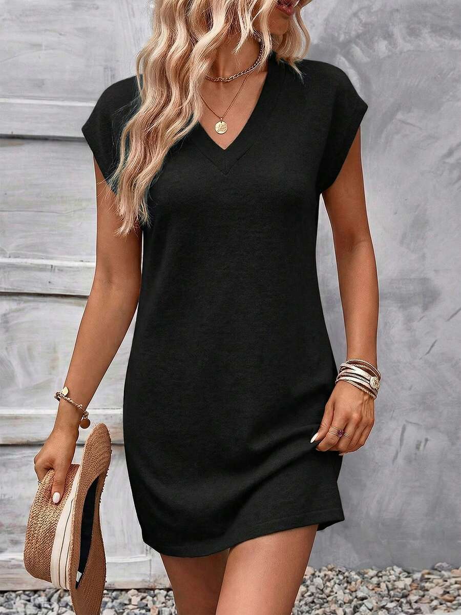 EMERY ROSE Women's Solid Color V-Neck Short Sleeve Casual Dress - Black - View 1