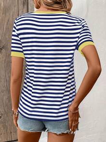 Lymera 女士夏季条纹V领短袖休闲T恤印花上衣 - 彩色 - 查看 2