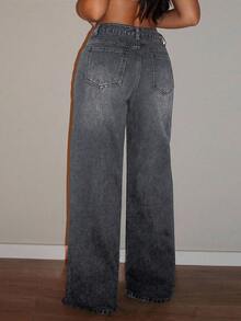 Jeanoix Women's Y2K Retro Rhinestone Embellished Straight Leg Jeans - Grey - View 2