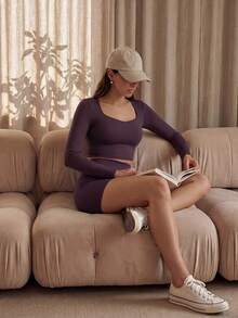 Anewsta 性感露背长袖瑜伽连体裤，胸部支撑设计，户外运动休闲上衣 - 淺灰紫 - 查看 2