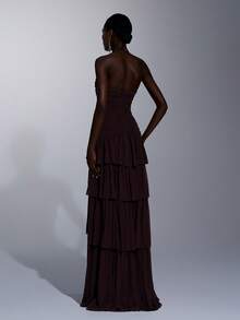 Elitara Elegant Formal Gala Prom Graduation Dinner Evening Pearl Chiffon Stand Collar Sleeveless Pleated Multilayer Ruffle Hem A-Line Dress Dark Red Fall - Coffee Brown - View 3
