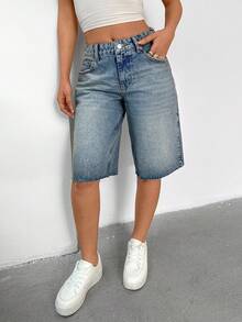 SHEIN Cottnline Casual Y2K Woman's Denim Low Waist Jort Bermuda Short Style - Light Wash - View 6
