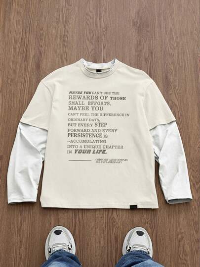 Manfinity Unisex Men's Knitted Casual Daily Young English Print Patchwork Loose Long Sleeve T-Shirt Beige Graphic T Shirt Cream Top Men Cream Graphic Long Sleeve T-Shirt Mens Cream T-Shirt Mens Long Sleeve T-Shirt Shirts Graphic Long Sleeve Cream Graphic Tee Men Mens Long Sleeve Graphic Tee