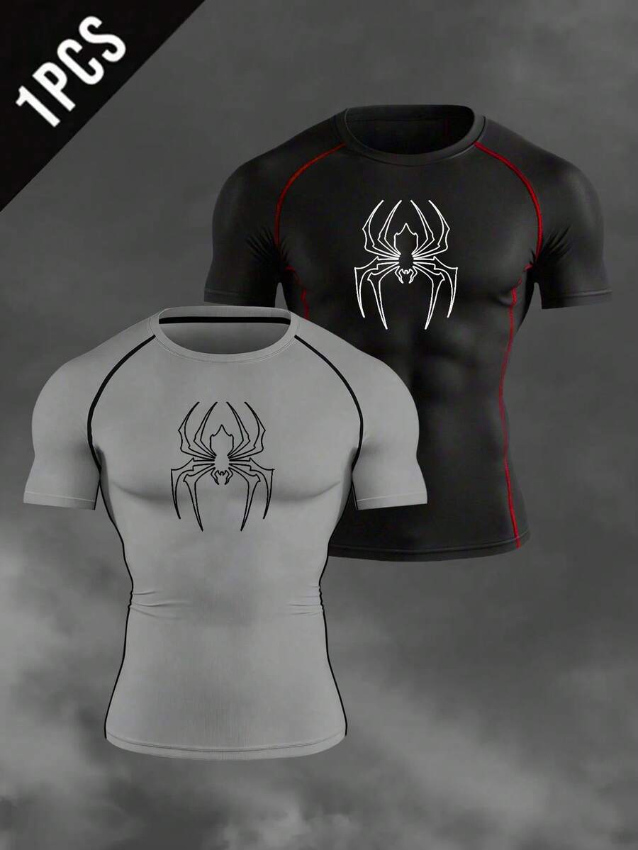 Manfinity EMRG 男士蜘蛛印花修身短袖运动T恤 - 黑色 - 查看 1