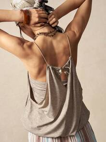 Bohemela Damen Sommer Lässig vielseitiges Design, mit Metall Nieten Verzierungen, 2 in 1 farblich abgesetztes Cami Top, auf verschiedene Arten zu tragen, Urlaub, geeignet für Lässig Ausflüge, Party Top, Strand, Grafik T-Shirt, Alltag, Rave Festival, Sommer für Frauen, Ausgehoberteil - Khaki - Übersicht 1