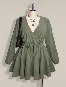 SHEIN ICON 大码女式水洗棉绿色系带长袖连衣裙 - 綠色 - 查看 10