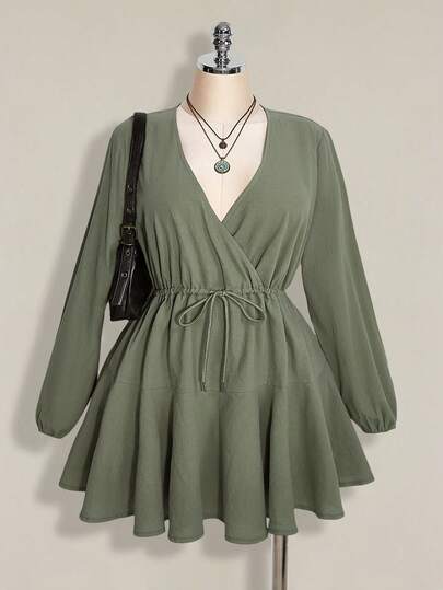 SHEIN ICON فستان طويل كم طويل أخضر مغسول مع حزام للنساء ذوات الحجم الكبير