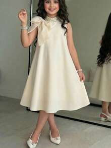 SHEIN Tween Girl Rhinestone Collar Sleeveless A-Line Dress,Oversized Bow Organza Decor Modest Formal Dress For Girls,Cream White,Summer,Elegant,Party - Apricot - View 1