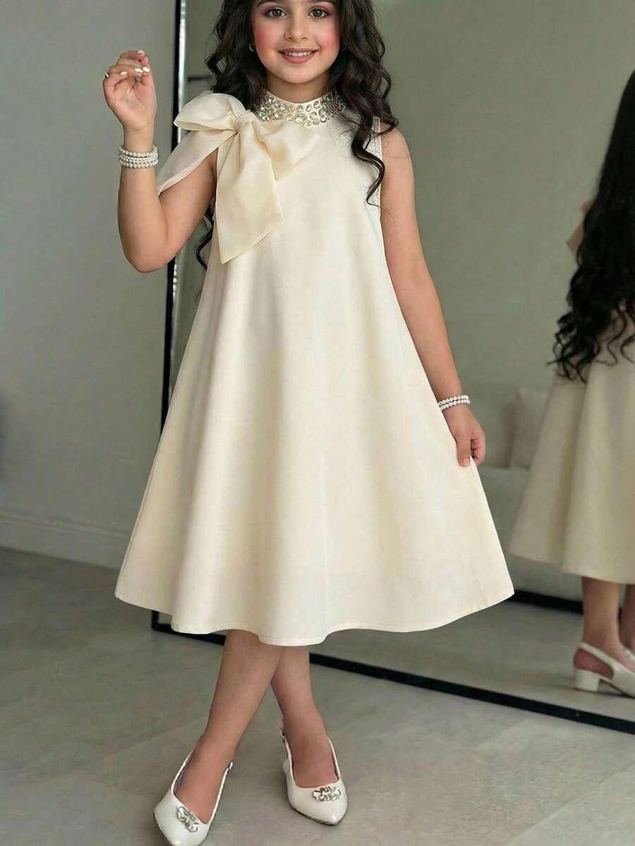 SHEIN Tween Girl Rhinestone Collar Sleeveless A-Line Dress,Oversized Bow Organza Decor Modest Formal Dress For Girls,Cream White,Summer,Elegant,Party - Apricot - View 1