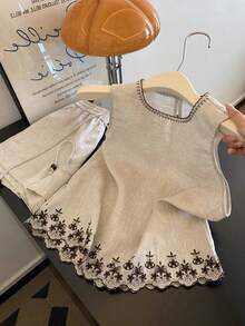 Muvela 2pcs Women Beige Summer Boho Holiday Vacation Holiday Floral Embroidery Round Neck Tank Top & Elastic Drawstring High-Waisted Shorts Two-Piece Set - Apricot - View 8