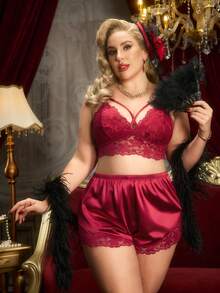 PinupPomp 2pcs Lace Patchwork Crisscross Strap Camisole Top + Satin Shorts Set - Burgundy - View 7