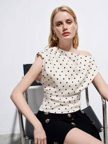 Aveloria Modichic Elegant Black White Polka Dot Summer Crop Top,One-Shoulder Asymmetric Sleeveless Ruched Design,Retro Chic Stretchy Fitted Silhouette For Date,Party - Apricot - View 6