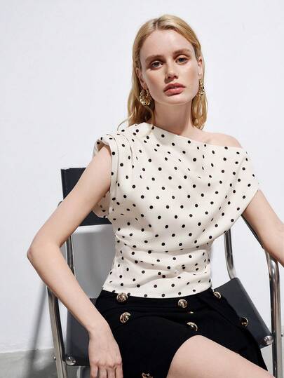 Aveloria Modichic Black Polka Dot Waist Crop Top, Asymmetric Sleeveless Ruched Design, Stretchy Fabric, Retro Chic Style, Suitable For Picnic, Vacation, Shopping, Casual, Party, Summer Streetwear, One-Shoulder Design Element, Fitted Silhouette, Short Tight Fit, Comfortable Fabric.