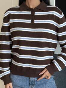 Ronhire 女式休闲宽松条纹 Polo 领落肩长袖毛衣，秋冬 - 棕色 - 查看 4