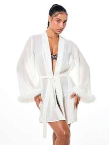 BABYPHAT Logo Crystal Hotfix Robe With Faux Fur Trim - White - View 1