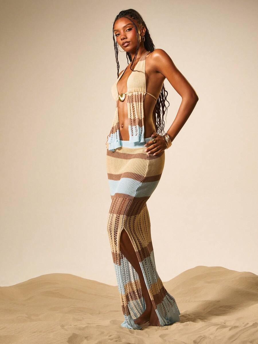 MISSGUIDED Women Striped Halter Crop Top Maxi Skirt Co Ord Set Knit Sweater Two Piece Outfit Summer Beach Vacation Festival Boho Crochet Fringe - Multicolor - View 1