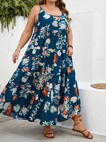 SHEIN CURVE+ 曲线尺码 US22 音乐节、海滨度假、波西米亚风印花吊带连衣裙，适合夏季海滩度假、沙滩罩衫、夏季服装，女士碎花连衣裙，碎花长裙，夏季吊带裙，波西米亚风碎花连衣裙，大码夏季连衣裙，波西米亚风长裙 - 藍色 - 查看 6