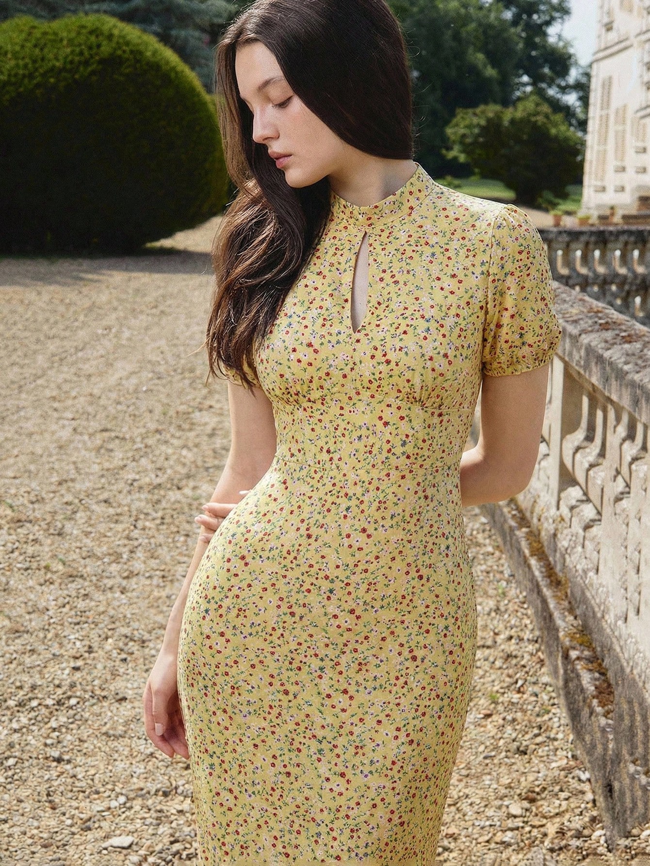 Butter Yellow Floral Print Vintage Style Fitted Woven Dress With High Neck Homecoming Dress Office Outfits For Women Black Floral Dress French Style Dress Autumn Dress