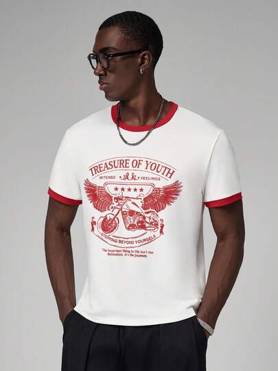 STYNVO Męska koszulka z krótkim rękawem i okrągłym dekoltem, nadrukiem w litery i skrzydła, uniwersalna, do codziennego noszenia