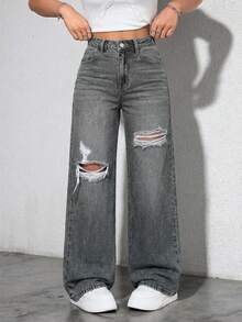 EURMUSE Washed Denim Blue High Waist Ripped Wide Leg Jeans - Grey - View 1