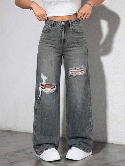 EURMUSE Washed Denim Blue High Waist Ripped Wide Leg Jeans