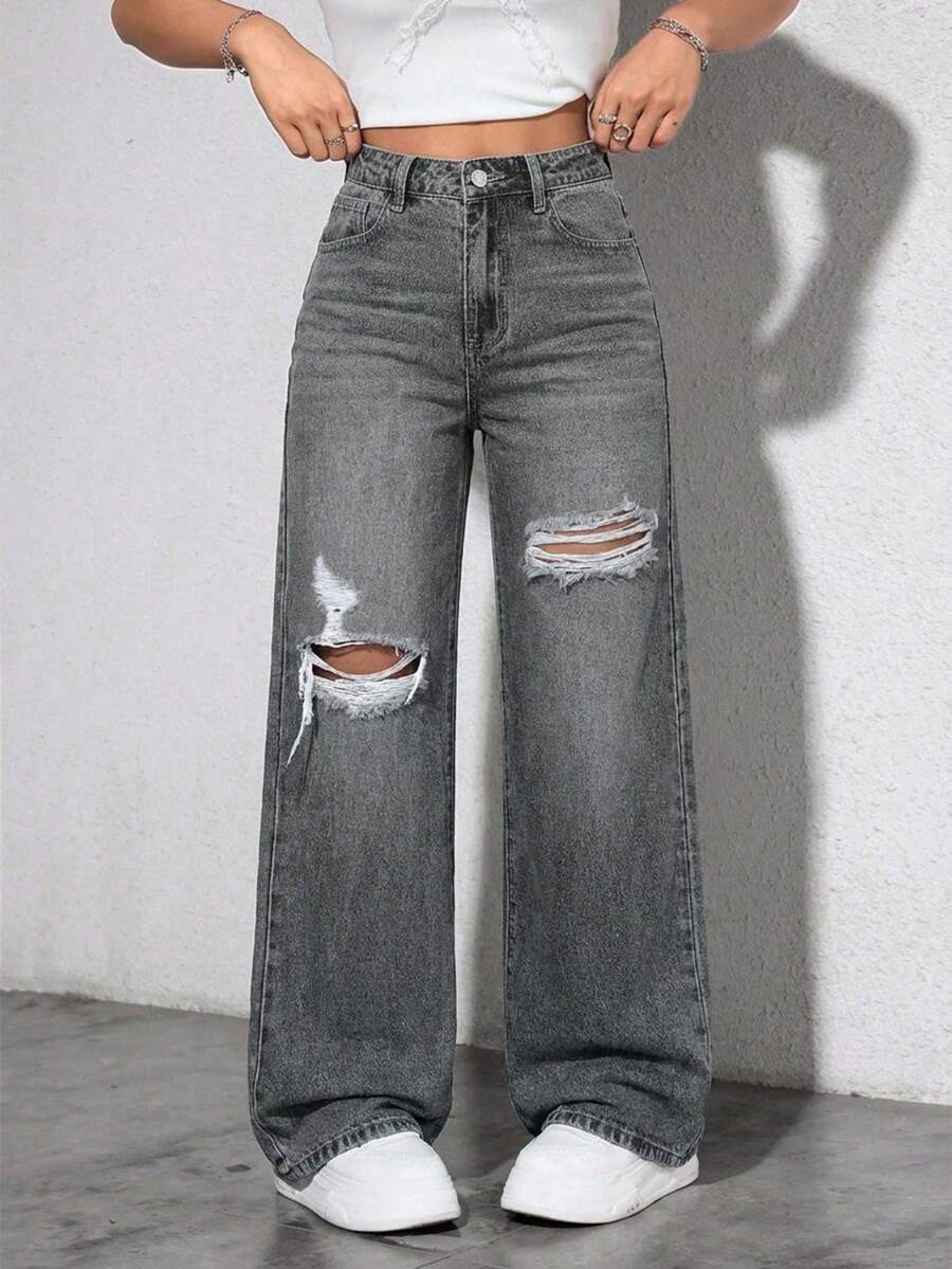EURMUSE Washed Denim Blue High Waist Ripped Wide Leg Jeans - Grey - View 1