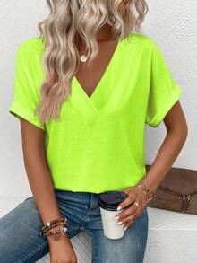 EMERY ROSE Women's Fluorescent Green V-Neck Short Sleeve Casual Versatile T-Shirt - Green - View 4