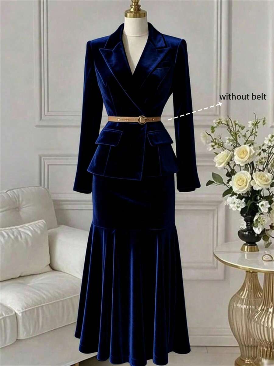 Lyxana 女士优雅纯色百搭丝绒西装外套和鱼尾裙两件套，秋季 - 藏蓝色 - 查看 1