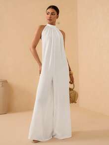 Vesra Vacation Beach Solid Color Backless Halter Wide Leg Jumpsuit - White - View 3