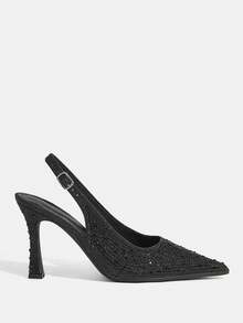 CUCCOO TILAWA Giày nữ mũi nhọn, gót mảnh, màu đen đính đá, gợi cảm, thời trang, kiểu slingback, thích hợp phối cùng váy, dự tiệc, hộp đêm, giày cao gót nữ. - màu đen - Xem 2