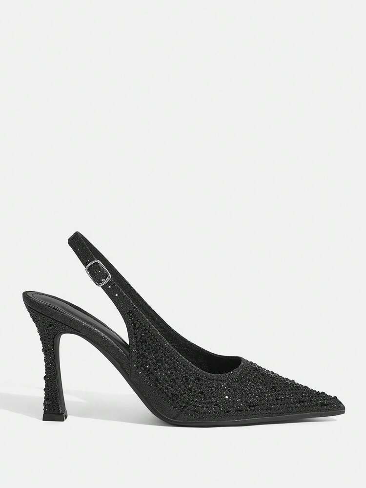CUCCOO TILAWA Women Shoes Pointed Slender Heel Black Rhinestone Sexy Fashion Gorgeous Slingback Shoes With Skirts Banquet Party Night Club Women's High Heel Shoes Women's Shoes