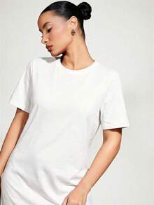 SHEIN BASICS Women's Solid Color Round Neck Casual Commute Short Sleeve Dress Summer Dresses For Women - White - View 4