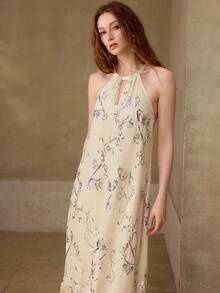 MOTF PREMIUM 女士长裙，法式度假风重工串珠亚麻吊带连衣裙 - 杏色 - 查看 6