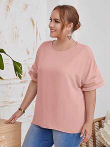 Plus Size Women Solid Color Mesh Patchwork Round Neck Short Sleeve Loose Blouse - Coral Pink - View 3