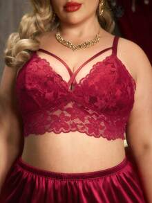 PinupPomp 2pcs Lace Patchwork Crisscross Strap Camisole Top + Satin Shorts Set - Burgundy - View 5