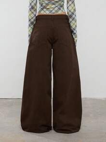 COUREZ 低腰超阔腿棕色水洗牛仔裤/Y2K秋冬春季女装棕色宽松牛仔裤街头风返校外出穿搭两件套 - 橄欖綠 - 查看 3