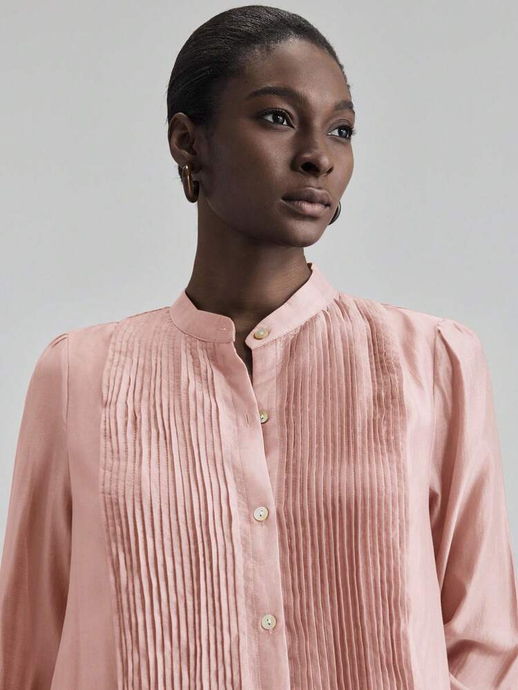 2026SS New Summer Women's Extra Long Dress, Long Sleeve Ruched Loose Dress, Elegant Minimalist Bohemian Style, Beach Holiday, Resort, Urban Chic Pleat Design, Solid Pink Color, Ladies Outerwear, Tea Party, Independence Day Fashion Versatile Dress