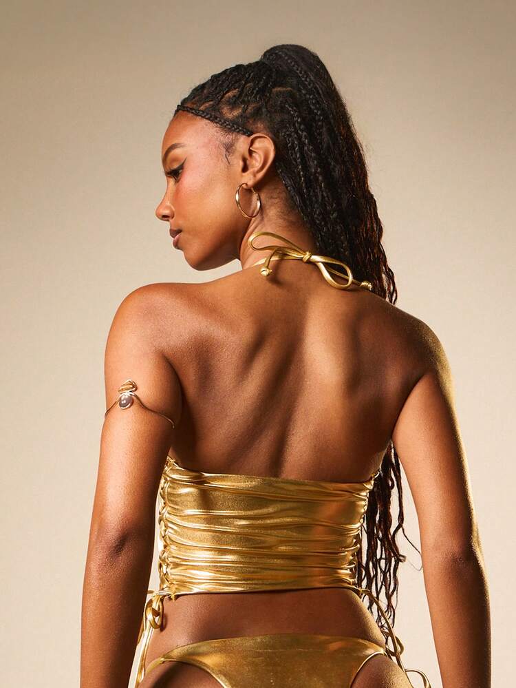 MISSGUIDED Metallic Gold Lace Up Bandeau Bikini Set High Waisted Two Piece Swimwear Summer Beach Pool Vacation