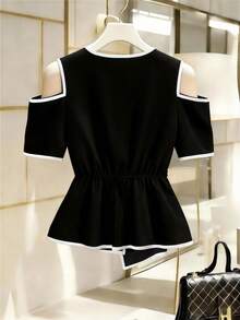 GlowEve New Arrival Spring/Summer Casual Elegant Vacation Beach Party Banquet Women Black & White Bow Pearl Shoulder Exposed Short Sleeve Blouse - Black and White - View 2