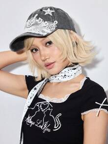 ROMWE Grunge Punk 1 Lace Musical Note, Embroidered Star Baseball Cap, Gray Vintage Flat Cap, Casual Versatile Hat - Lace music notes - View 5