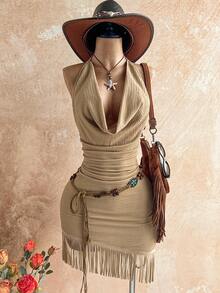 Soleia Áo dệt kim họa tiết mới, kiểu dáng thường ngày, không tay cổ yếm, váy tua rua, áo khoác ngoài đi biển, trang phục gợi cảm cho kỳ nghỉ, trang phục hẹn hò, kỳ nghỉ biển, lễ hội, tiệc trà chiều, mùa cưới, du lịch biển trên du thuyền, du lịch thành phố, kỳ nghỉ phong cách Boho, lễ hội âm nhạc, phong cách Hippie miền Tây, trang phục đa năng mặc trong/ngoài, trang phục bốn mùa, trang phục đi làm. - Màu Khaki - Xem 6