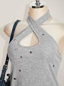 SHEIN ICON Áo tank top nữ cỡ lớn phong cách retro gợi cảm, phá cách, táo bạo, hiện đại, phong cách Y2K, cổ chéo, yếm, trang trí khoen kim loại, màu xám, chất liệu gân. - Xám - Xem 6
