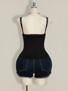 SHEIN ICON 大码女式蕾丝拼接褶皱扭结设计休闲百搭约会之夜吊带背心 - 黑色 - 查看 2