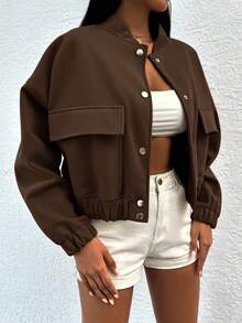SHEIN Cottnline Cotton Women's Woolen Short Jacket With Baseball Collar - Coffee Brown - View 4