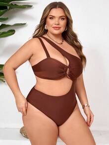 SHEIN CURVE+ Maiô de uma peça com decoração dourada em tecido na cor camelo para mulheres plus size, para praia - Caramelo - Visão 7