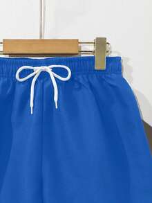 SHEIN 青少年男童蓝色抽绳腰泳裤，适合夏季海滩 - 藍色 - 查看 4