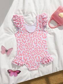SHEIN Baby Girls' Beachwear One-Piece Swimsuit, Cute & Conservative Knit Fabric, Playful Pink Leopard Print, Ruffled Sleeves Design, Suitable For Swimming, Summer Vacation, Beach, Pool, Holiday Party - Pink - View 2