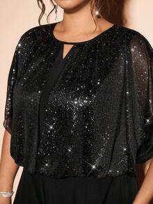Allurite Plus Size Women's New Elegant Crew Neck Casual Loose Silver Foil Mesh Jumpsuit, Suitable For Party, Daily Wear, Commuting - Black - View 3