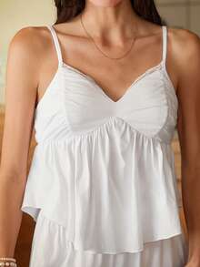 Lullawish Bohemian Style Lace Patchwork Ruffle Hem Camisole & Pants Pajama Set For Women - White - View 6